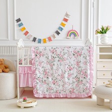 3 Pieces Pink Rose Flowers Crib Bedding Set Baby Ruffled Quilted Comforter with