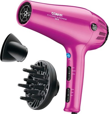 Conair Hair Dryer with Retractable Cord, 1875W Blow Dryer, 3 Piece Set, Pink