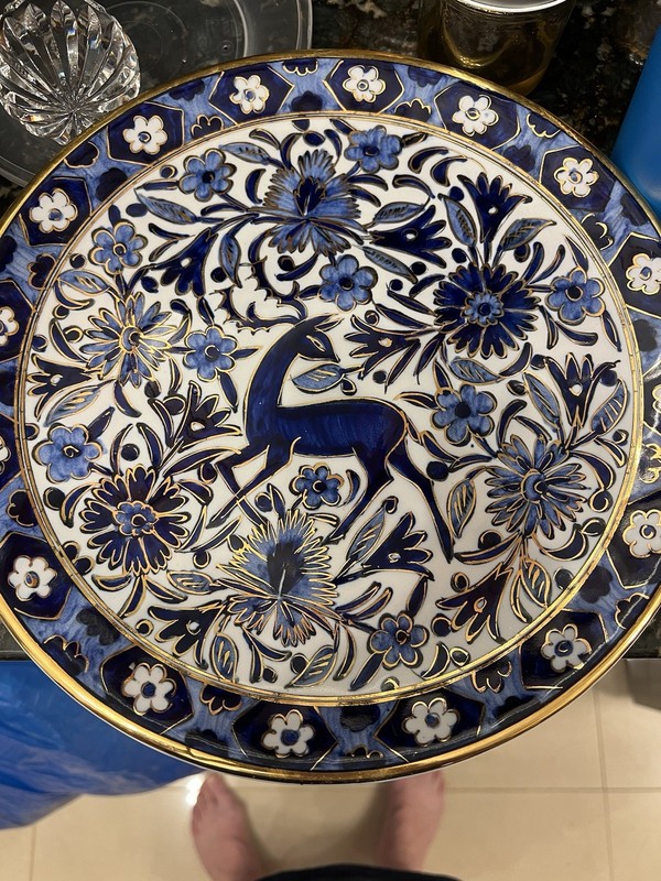 Ikaros Pottery Greece Rhodes Island Floral Deer Blue Gold 1970s Vintage A-320