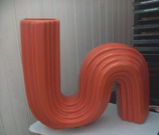 Art Deco Mid Century Modern S- Curved shape ribbed pottery orange vase 9 1/2"