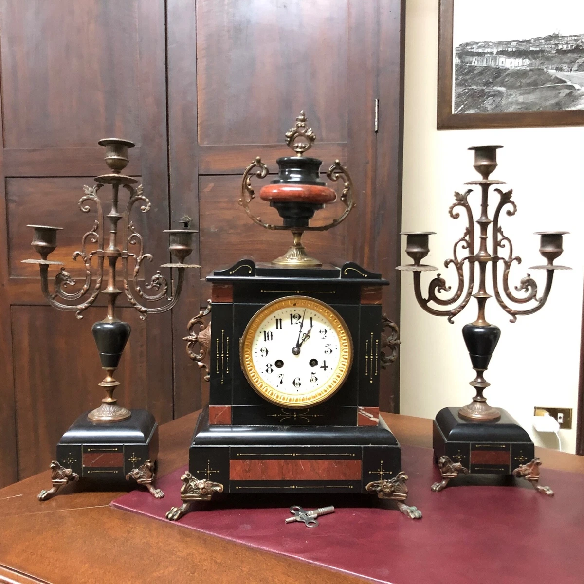 Antico orologio a pendolo trittico parigina in marmo bronzo con
