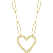 14K Yellow Solid Gold Paperclip-Style Heart Charm Necklace