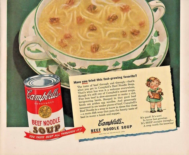1948 Campbell's Beef Noodle Soup Vintage Print Ad You Taste Beef All