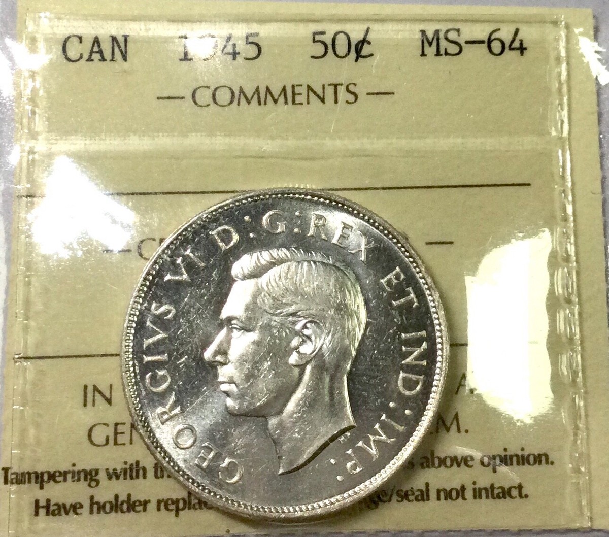 1945 Canada 50 Cent ICCS XVL172 MS 64 Mint State George VI Blast