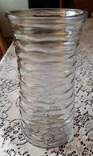 Large Clear Glass Vase w/Wavy Horizontal Ribbing 8.5" High Excellent Condition
