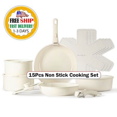 Set De Ollas Y Sartenes Antiadherentes De Granito Blanco De 15 Piezas Con Tapas