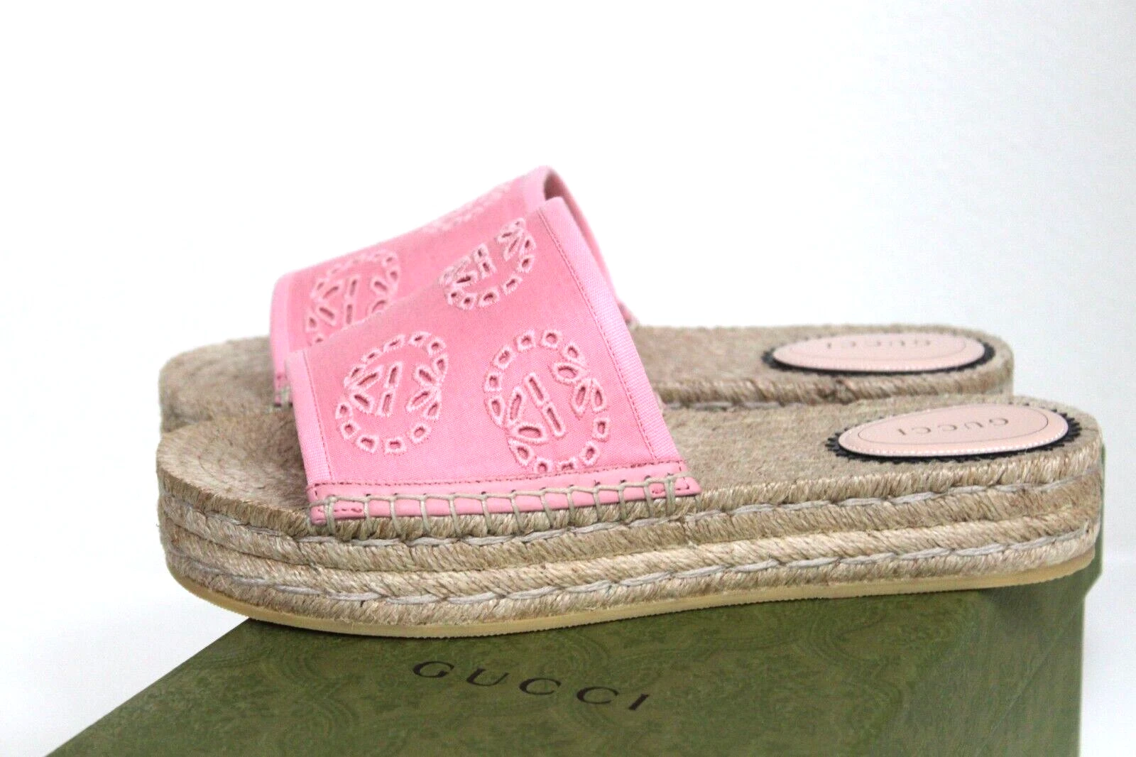 8,5 38,5 Gucci Damita rose logo GG espadrille plateforme coulissante sandale chaussure à enfiler