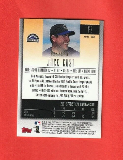 2002 Topps Gold Label CLASS 1 GOLD # 132 Jack Cust COLORADO ROCKIES 324/500 - Image 2 of 2
