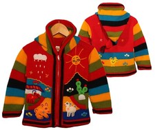 Kinder Strickjacke rot Gr.92*98 XXL-Kapuze Zipfelkapuze Peru Bauernhof Tiere Zoo