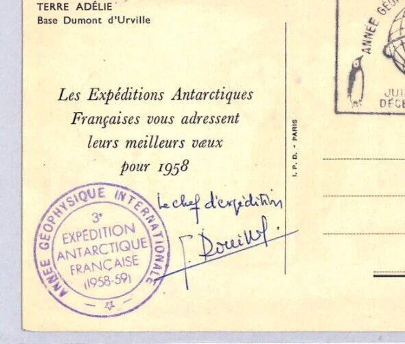 FRENCH ANTARCTICA TAAF Card PENGUINS 100f Stamp 1958 SIGNED Chef Expedition YF41 - Image 4 of 4