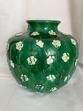 Antique Japanese Awaji Art Pottery Vase Applied Prunus Flowers/Blossoms Meiji