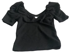 Joe & Elle Womens Top Sz L Black Stretch V-Neck Ruffle Short Sleeve USA