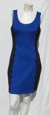 GUESS S 6 Cobalt Blue Stretch Knit Black Lace Sheath Dress Scoop Neck Gold Zip