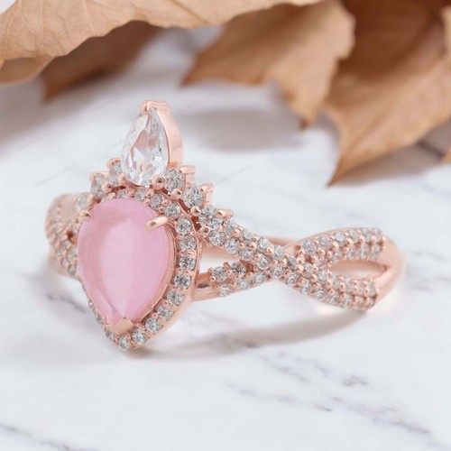 925 Sterling Silver 7X5MM Pear Natural Rose Quartz Ring Cubic Zirconia Ring - Picture 5 of 9