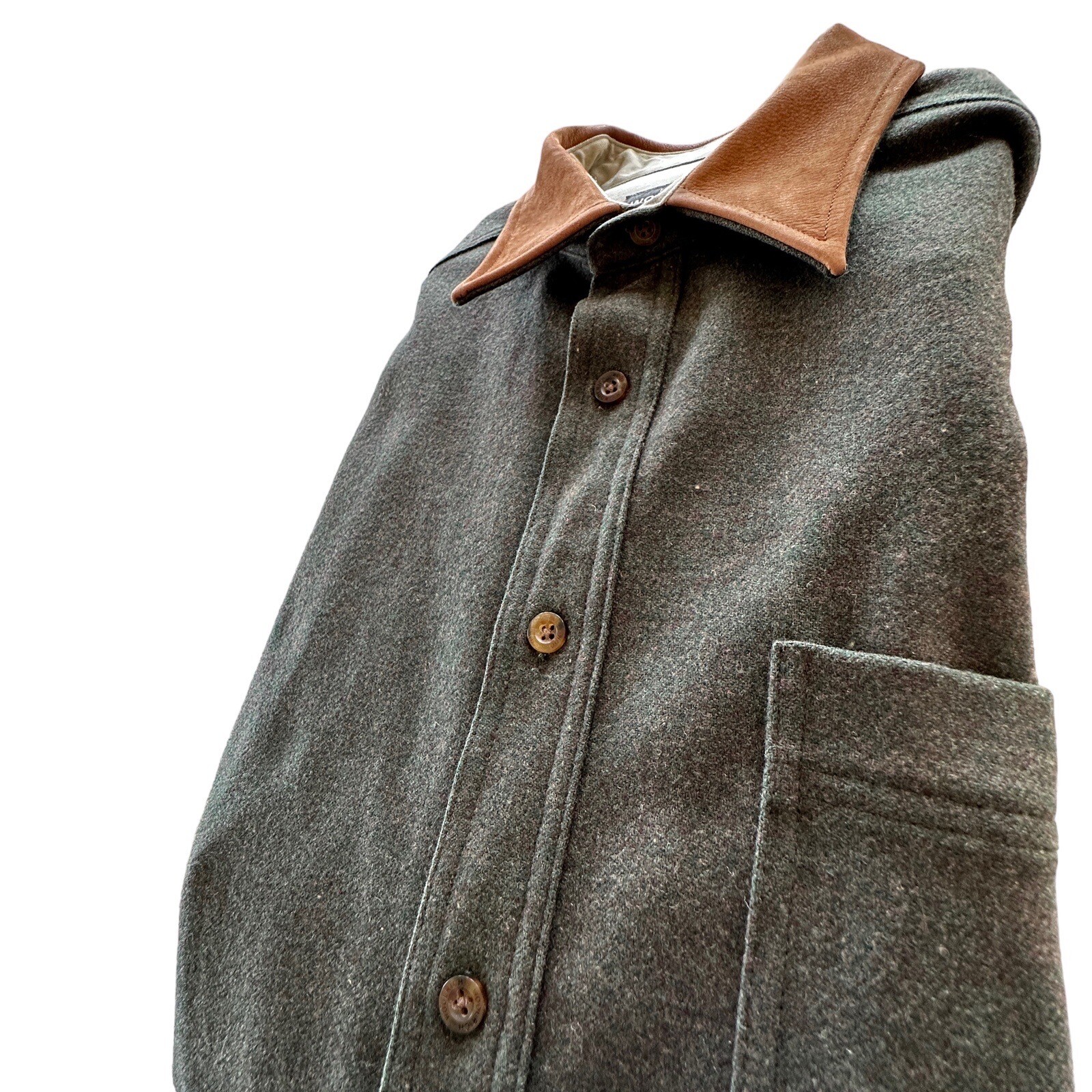 Vintage Woolrich Wool Jacket Mens XL Gray Leather Collar And Elbow