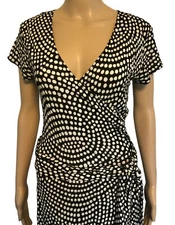 vtg TALBOTS womens Fit N Flare Dress 2P Rayon Travel Knit Black White Polka Dot