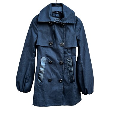 Mackage Womens Black Trench Coat Spring Jacket Leather Trim , Satin Lining.