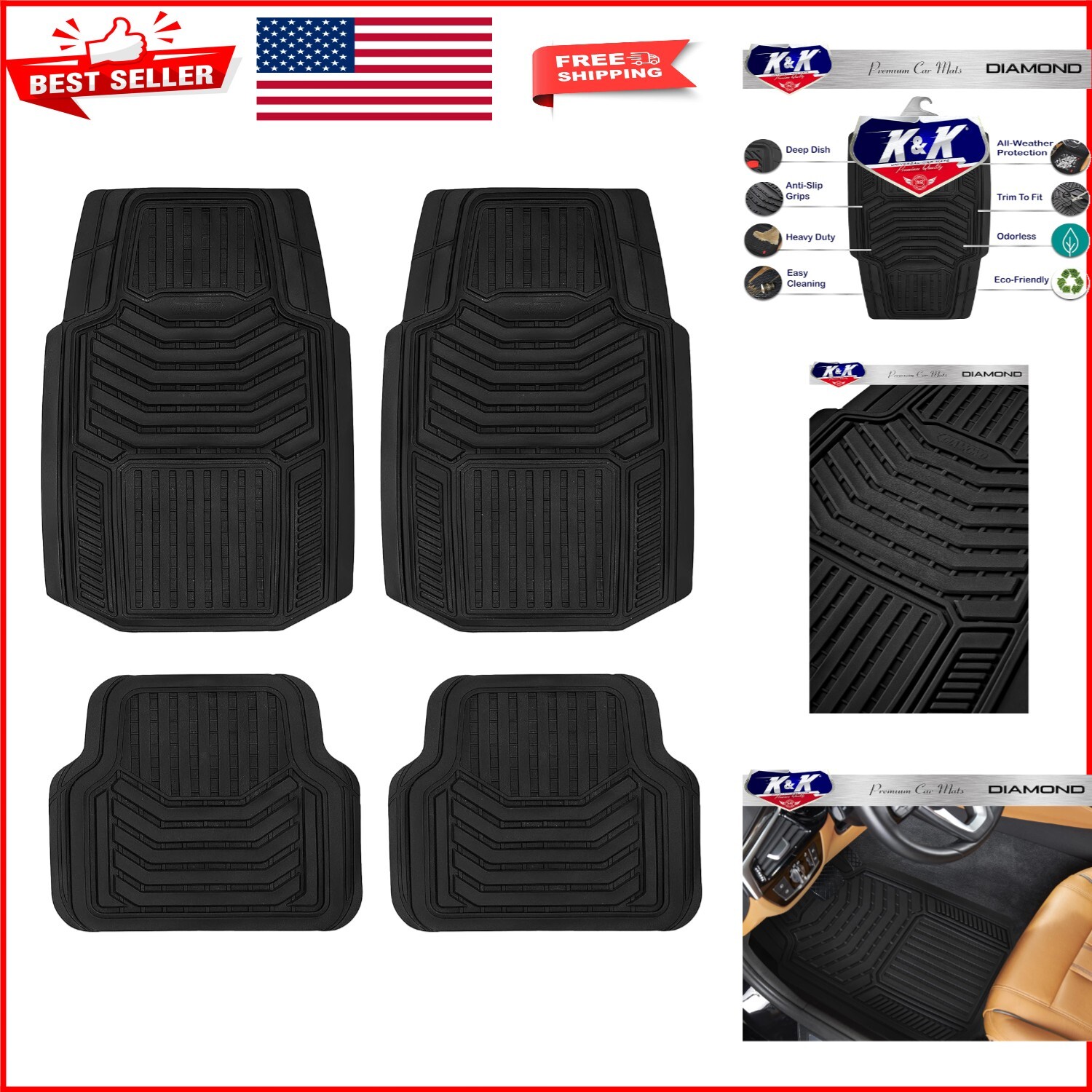 Universal Heavy-Duty Floor Mats for Cars, SUVs, and Trucks - Diamond Black Style