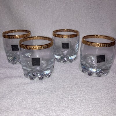 Circleware Versailles Whiskey Low Ball Glasses New Sticker Gold Rim Set Of 4