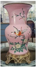 Pink Porcelain Chinoiserie Floral Vase. Bronze Accents. Hand Painted-15"H