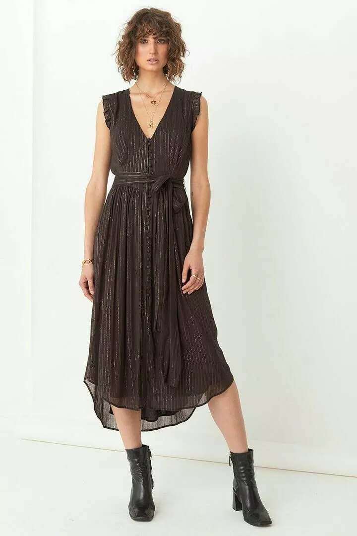 SPELL THE GYPSY MYSTIC MIDI DRESS BLACK WITH GOLD METALLIC STRIPE XS NWT