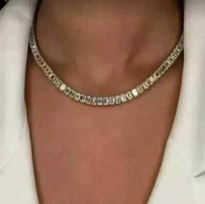 25Ct Emerald Cut Lab Created Diam WomenTennis Necklace 14k White Gold Plated 16"