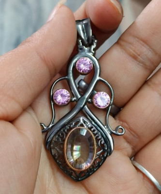 Rosa Edelstein Regenbogen Quarz Anhänger Sterlingsilber Vintage Damen Schmuck...