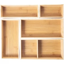 Bamboo Drawer Organizer Set, 5 Piece Non-Slip Versatile Storage Trays