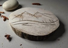 Vintage Mountain Landscape Woodburning - Rustic Live Edge Wood Slab Art, 1.25"