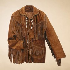 Men Western Cowboy Suede Fringe Jacket Beaded Native American Leather Jacket