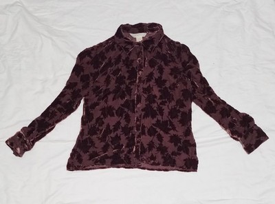 Vtg Express Silk Velvet Blouse Womens L Burgundy Burnout Maple Leaf Button Shirt