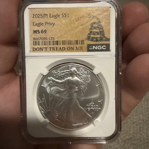 2025(P) American Silver Eagle Privy MS69 S$1 Don’t Tread On Me Label
