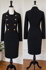 Vtg Tadashi Black Military Style Dress Gold Buttons Career Power 80  s Belt M