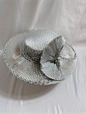 Women s Silver Sequined Church Hat Wide Brim Size 7 1/2 Pleated Bow Fashion