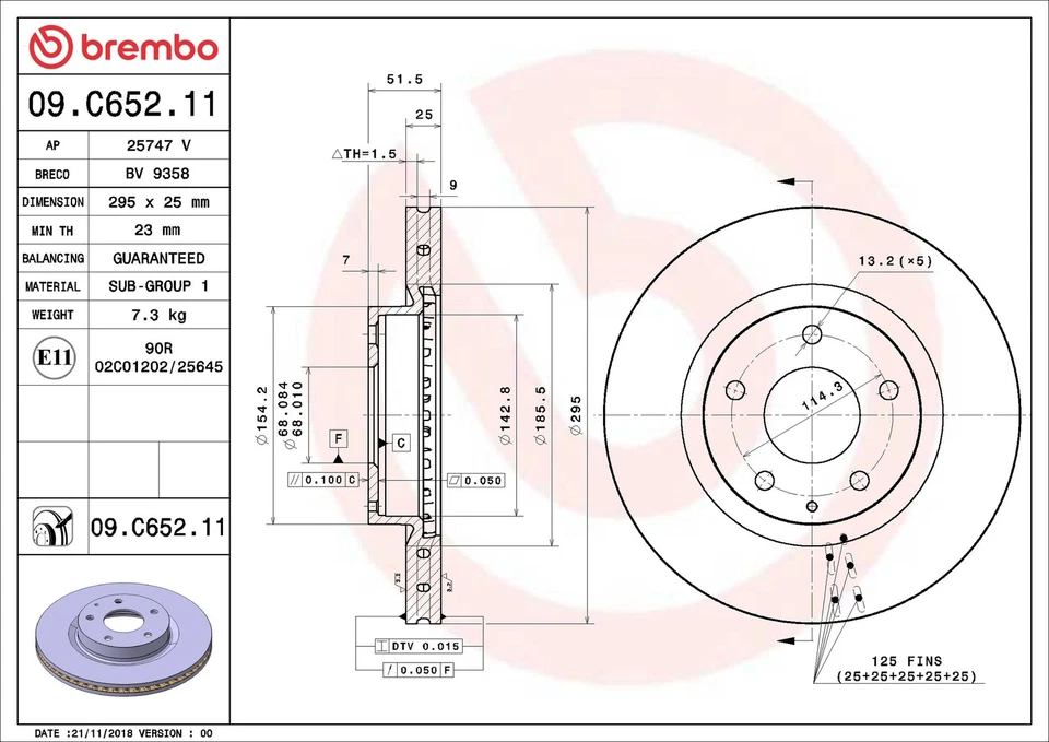 2x Brake Discs Pair Vented fits MAZDA 3 1.5D Front 16 to 19 295mm Set Brembo New - Image 3 of 4