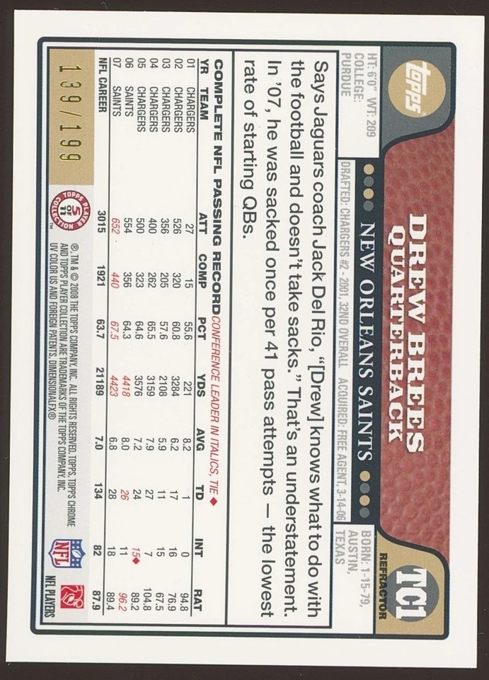 Topps 2008 cromo Drew Brees #tc1 💎 ip refractor de oro automático/199 Foto 2 de 2