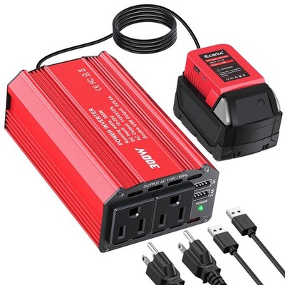 300W Portable Power Inverter for Milwaukee 18V Battery, AC 110V, 2 AC Outlets, 3