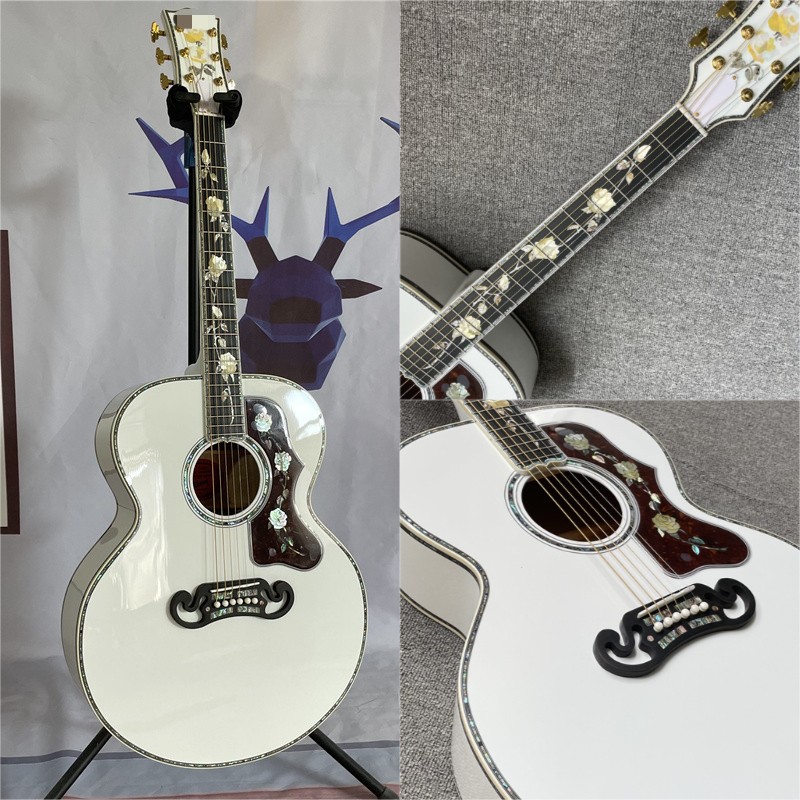 New Alpine White Rose Jumbo Acoustic Guitar J-200 Solid Top