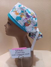 White Bunnies Easter Women's Ponytail Surgical Scrub Hat/Cap Handmade