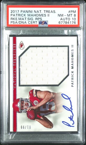 2017 NATIONAL TREASURES #PM PATRICK MAHOMES II RC PATCH 1/99 PSA 8 AUTO 10