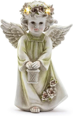 LED Light-Up Halo Cherub Angel Wings 10 X 6.5 X 4.5 Inches Tan and Green Resin S