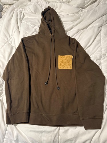 Loewe, Authentic Loewe Logo Patch Leather trimmed Cotton Jersey Hoodie brown Size M
