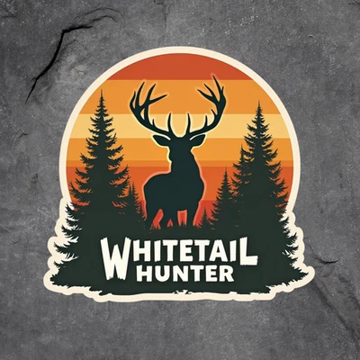 BUMBLEBEE APPAREL Hunting Sticker Vinyl Decal Whitetail Hunter Deer Silhouette Sunset Forest Scene