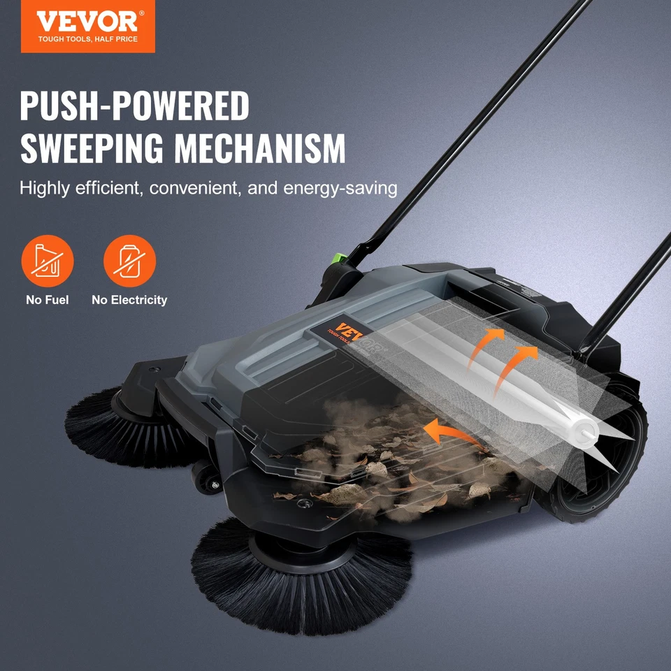 VEVOR Walk-behind Hand Push Floor Sweeper 25.6" Width 5 Gallon Waste Container - Image 2 of 4