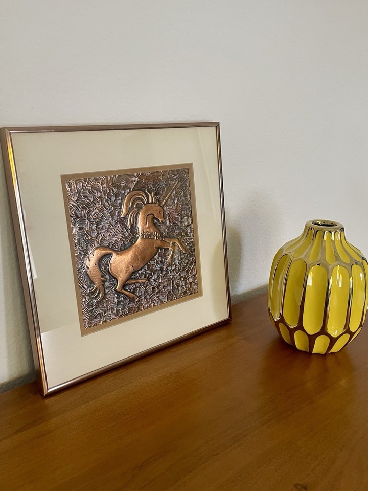 Signed 3D copper unicorn wall sculpture by 'Orum' — a rare, artist-signed brutalist/MCM equestrian art piece that is genuinely one-of-a-kind and totally unexpected.
