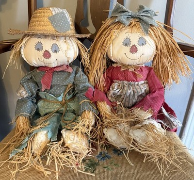 Vintage Handmade Stuffed Scarecrow Dolls Boy & Girl Fall Decor 1980s