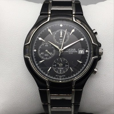 Pulsar Chronograph YM62-X144 Mens Watch 37mm Black Date Steel New Battery 7.5''