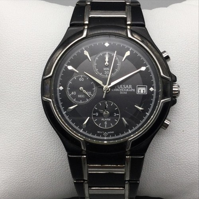 #ad Pulsar Chronograph YM62 X144 Mens Watch 37mm Black Date Steel New Battery 7.5quot; $63.74