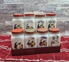 Milk Glass Spice Jar Set with Red Metal Lids and Shelf, Vintage Kitchen Decor