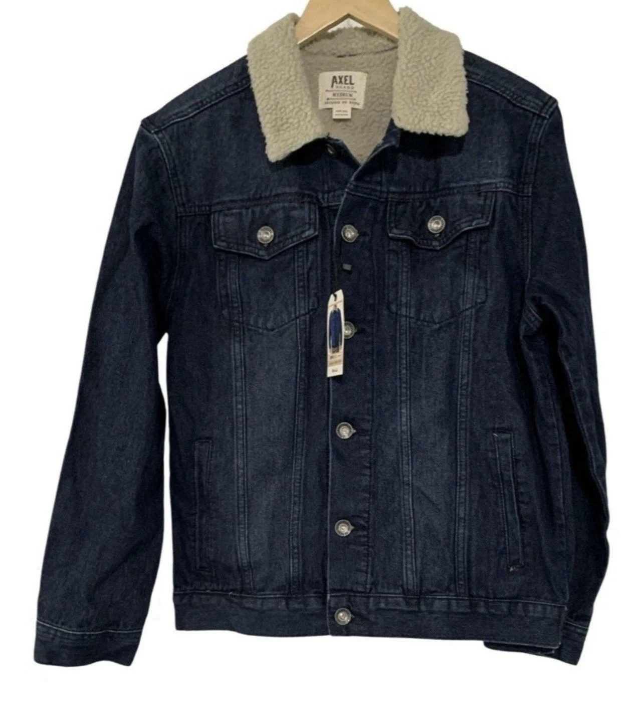 Axel Rooney Sherpa Collar Premium Trucker Navy Blue Denim Jacket Men’s Medium